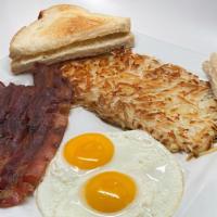 Apple Wood Smoked Bacon & Eggs · 4 Strips of Bacon & Eggs; served with hash browns * choice of toast (white, wheat, sourdough...