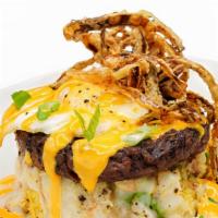 Hendertucky Moco Loco · Grilled Angus steak patty, chicken fried rice, house-made gravy, fried eggs and spicy aioli ...