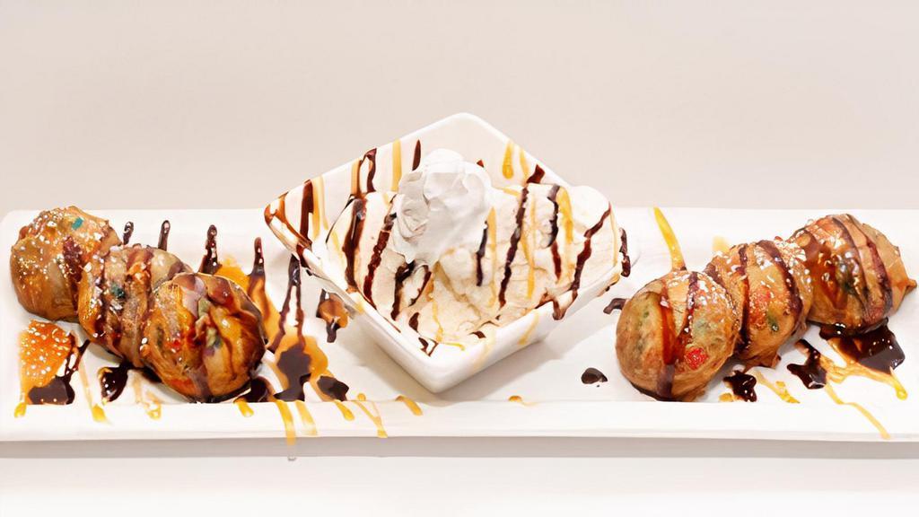 Confetti Deep Fried Oreos · 6 Confetti battered Oreo Cookies served with vanilla ice cream and drizzled with chocolate and caramel sauces