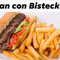 Pan Con Bistec · Steak sandwich with lettuce, tomatoes, and light mayonnaise.