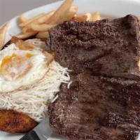 Bistec A Lo Pobre · Six-ounce steak cook of the order served with white rice, french fries, plantains, and a fri...