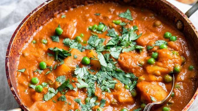 Aloo Matter · Aloo mutter is a Punjabi dish from the Indian subcontinent which is made from potatoes (Aloo) and peas (matter) in a flavorful tomato-based sauce.