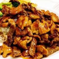 Beef & Chicken · Your combo choice comes with meat selected, steamed rice, mixed vegetables, and 2.5oz teriya...