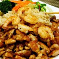 Chicken & Shrimp · Your combo choice comes with meat selected, steamed rice, mixed vegetables, and 2.5oz teriya...