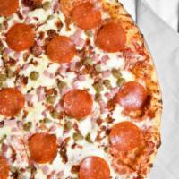 Meat Lovers · Marinara, mozzarella, pepperoni, sausage, and meatballs. That's a freaking good pizza.