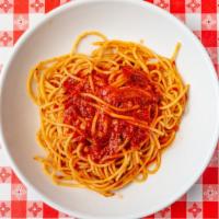 Spaghetti · Served with a rich tomato based meat or marinara sauce, or  a classic basil pesto sauce