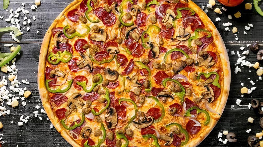 The Ultra Supreme Pizza · Gluten-free dough topped with homemade pizza sauce, mozzarella cheese, pepperoni, mushroom, green pepper, red onion, black olive, green olive, sausage and cheese.