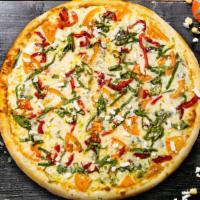 Veggie Galore Pizza · Gluten free dough topped with homemade pizza sauce, fresh mushroom, green pepper, onion, bro...