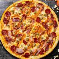 Meat Lover Madness Pizza · Gluten free dough topped with homemade pizza sauce, pepperoni, sausage, hamburger, bacon, ha...