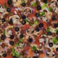 Vinny'S Combo 18”Xxl Pizza · Pepperoni, Sausage, Green Peppers, Onions, Black Olives, and Mushrooms