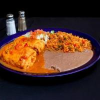 Chile Relleno Plate · Two smothered chile rellenos served with beans and rice.