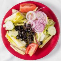 House Salad · A fresh iceberg mix served with roma tomato cucumber onion and black olives with your choice...