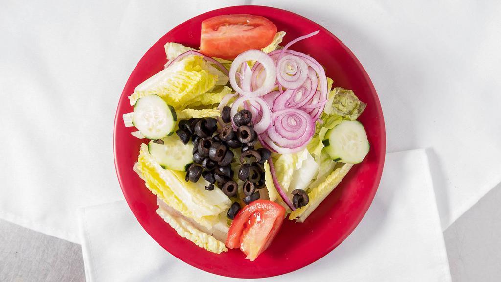 House Salad · A fresh iceberg mix served with roma tomato cucumber onion and black olives with your choice of dressing.