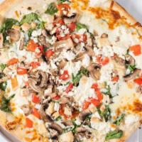 Greek Pizza - 20Inch · Grilled chicken, spinach, feta cheese, ricotta, garlic, mushrooms and fresh tomatoes, and mo...