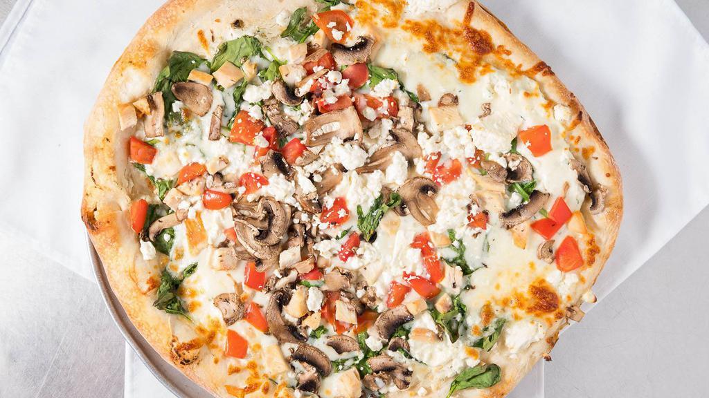 Greek Pizza - 20Inch · Grilled chicken, spinach, feta cheese, ricotta, garlic, mushrooms and fresh tomatoes, and mozzarella cheese.