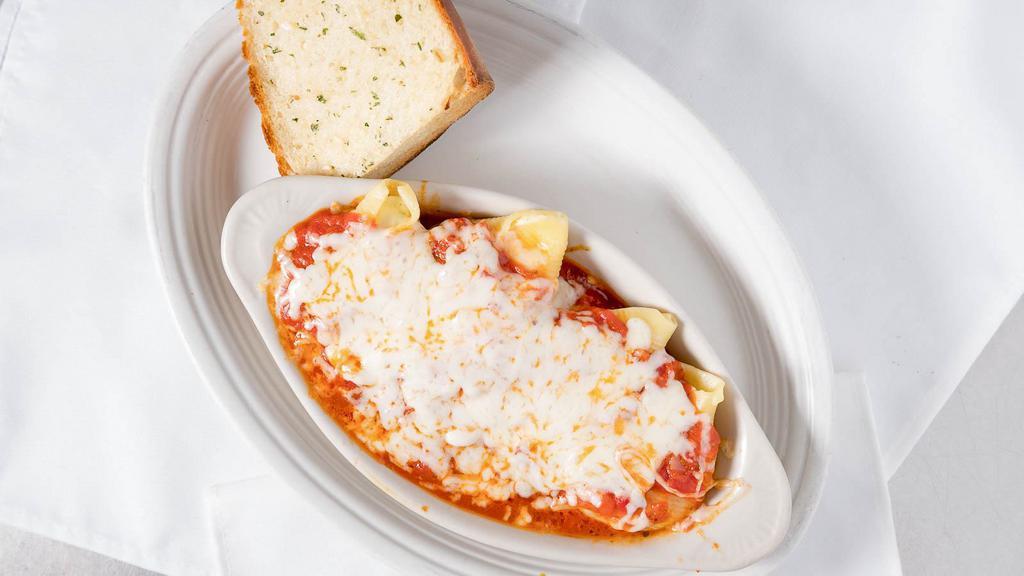 Baked Stuffed Shells Dinner · Jumbo shells of pasta filled with ricotta cheese, topped with plenty of marinara sauce, crowned with mozzarella and parmesan cheeses. Finished in our oven.
￼