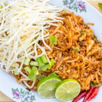 Pad Thai · Gluten free. Small rice noodles stir-fried with egg, bean sprouts, onions and ground peanuts.