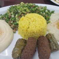 Vegetarian Extravaganza Platter · 2 pieces of Dolmas, hummus,2 pieces of falafel, baba ghanouge and tabbouli salad.