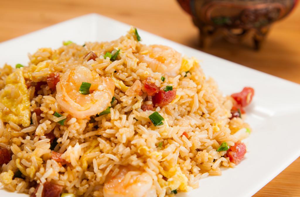 Yang Zhou Fried Rice 扬州炒饭 · Shrimp and cubed chinese sausage stir fried with rice, egg, green onion.