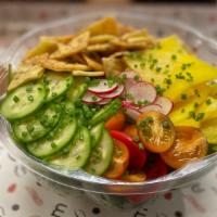 Gf Fattoush Salad · kale, herbs, cherry tomatoes, radish, cucumber, saffron-kohlrabi pickle. Served with sumac-m...
