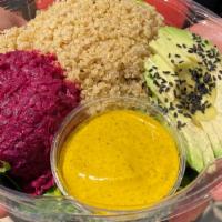 Quinoa Salad · quinoa, arugula, herbs, shamandar, avocado & 24 karat dressing (turmeric-tahini vinaigrette ...