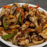 Chicken Fajita · Chicken marinated in cilantro/ginger/garlic, cooked with bell peppers, mushroom, and onion.