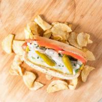 Classic Chicago · Poppy seed bun, all beef dog, yellow mustard, neon green relish, onion, sliced tomato, dill ...