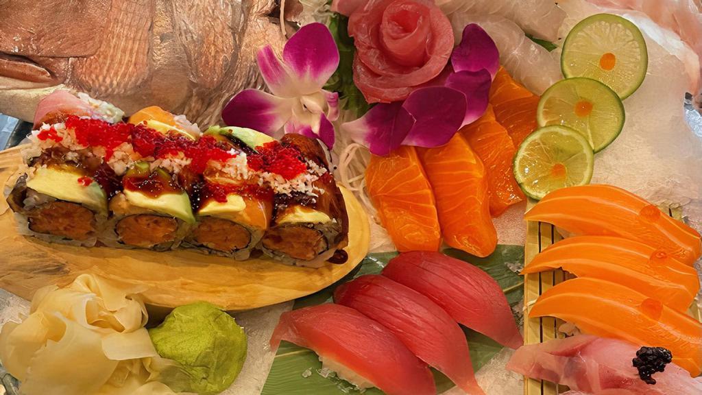 Sushi & Sashimi For Two · 10 pieces sushi, 12 pieces sashimi and a signature roll.  Served with two miso soups and two house salads.  These items may be served raw or undercooked or contain raw or undercooked ingredients.