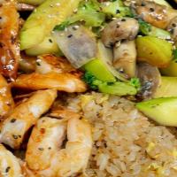 (Gf) Hibachi Shrimp · Gluten Free hibachi style shrimp and vegetables with fried rice.  Served with house salad.