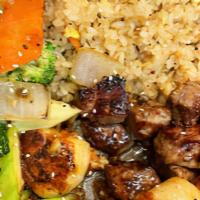 Hibachi Filet Mignon And Scallop · Hibachi Style Filet Mignon and Scallops with wok sauteed vegetables and fried rice.  Served ...