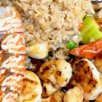 Hibachi Lobster Tail & Shrimp · Hibachi Style Lobster Tail and Shrimp with wok sauteed vegetables and fried rice.  Served wi...