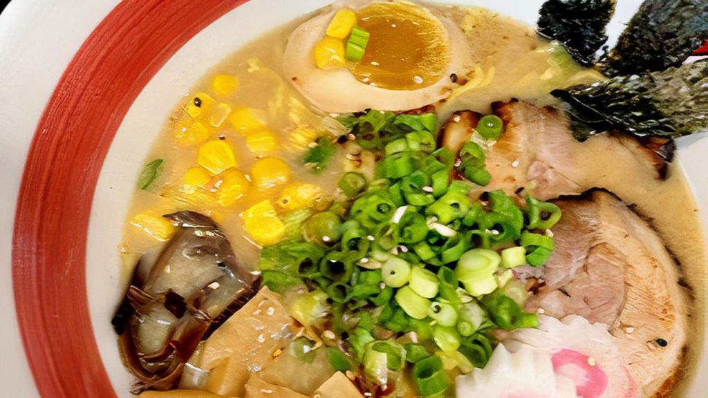 Miso Ramen · Chashu, egg, fish cake, scallion, corn, bamboo shoot, wood ear and nori.