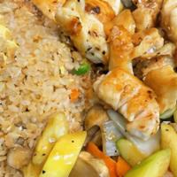 (Gf) Kids Hibachi Chicken · Gluten Free hibachi style chicken and vegetables with fried rice.  Served with house salad.