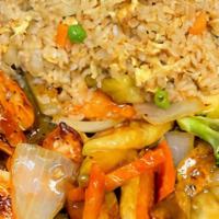 (Gf) Kids Hibachi Shrimp · Gluten Free hibachi style shrimp and vegetables with fried rice.  Served with house salad.