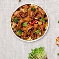 Pad Hominem See Ew · Your choice of protein. Flat big rice noodles, stir fried with egg, broccoli, cabbage, and c...