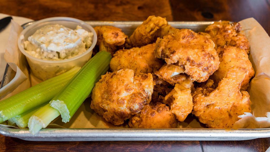 Buffalo’D Cauliflower · Fresh cauliflower, flash fried & tossed in
tangy wing sauce. Served with the best
house-made bleu cheese dressing EVER!