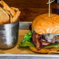 Bacon Swiss Burger · Fresh beef patty topped with Swiss and Applewood smoked bacon and garlic aioli