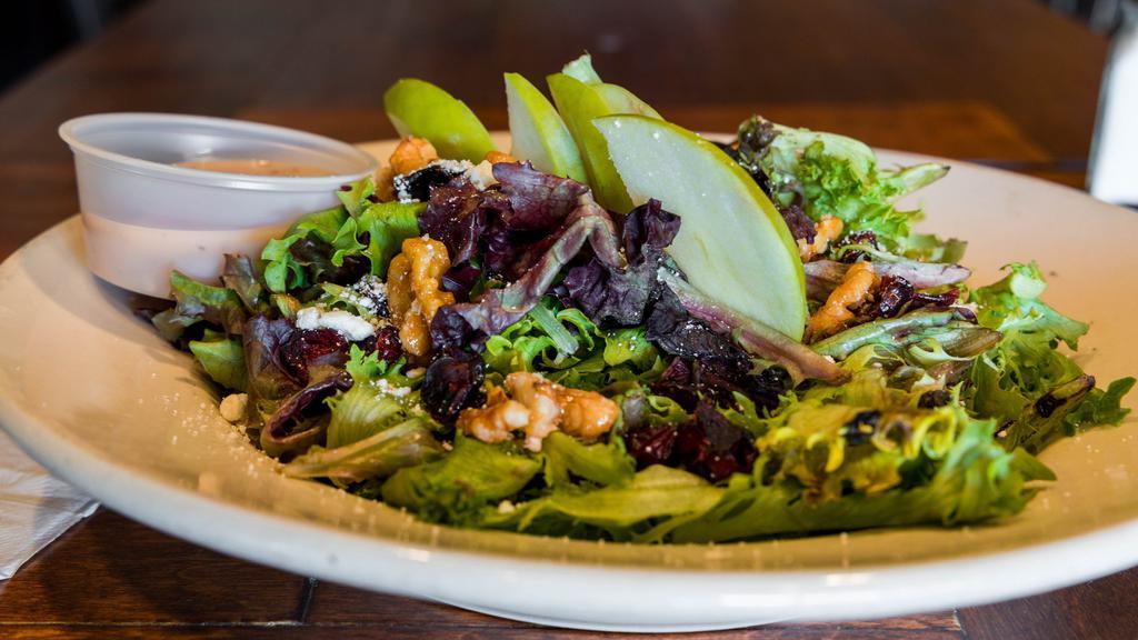 Apple Walnut Salad · Fresh spring mixed greens, Feta cheese, crisp apples, candied walnuts, dried cranberries and red wine vinaigrette.