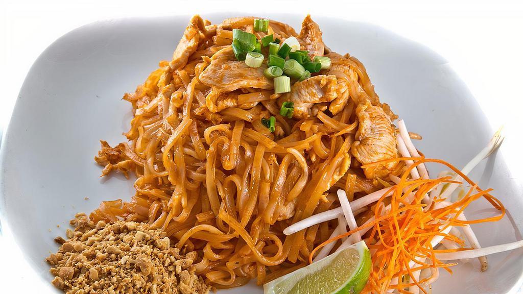 Phad Thai · Phad Thai noodles stir-fried with egg, onions, ground peanuts and bean sprouts.