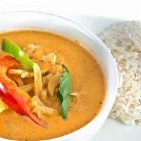 Red Curry · Spicy red curry with bamboo shoot, bell pepper, and sweet basil.