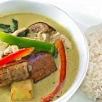 Green Curry · Spicy green curry with eggplant, zucchini, bell pepper, and sweet basil.