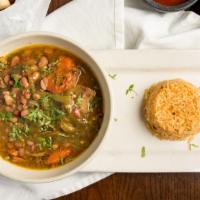 Green Chile Pork Stew · hatch green chile | shredded pork | potatoes | beans | celery | carrots | served with spanis...