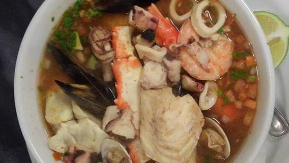 7 Mares · Broth soup made with shrimp, crab, clams, mussels, scallops, octopus, cucumbers, carrots, potatoes and garnished with pico de gallo, avocado, and crackers or tostada shell.