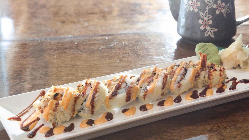 Crunch Shrimp Roll · Avocado, crab meat shrimp tempura and cucumber topped with spicy mayo and eel sauce.