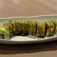 Caterpillar Roll · Eel and cucumber topped with avocado and eel sauce.