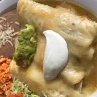 Green Enchiladas · Meat of your choose.Rice,beans, sour cream guacamole cheese