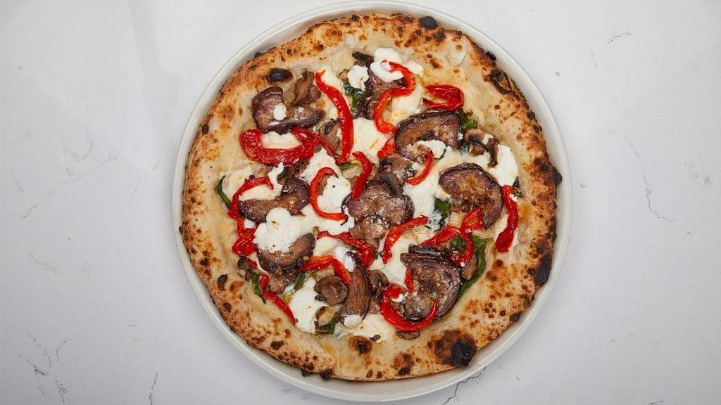 Roasted Eggplant · extra virgin olive oil, marinated eggplant, roasted red pepper, mushroom, goat cheese, fresh mozzarella, basil.