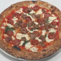 Pietro · tomato sauce, soppressata, italian sausage, fresh mozzarella, chile flake, basil, pecorino r...