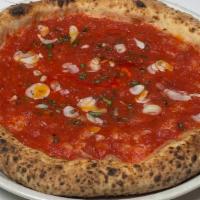 Marinara Di Costantino · NO CHEESE - tomato sauce, calabrian chile-infused extra virgin olive oil, slivered garlic, o...