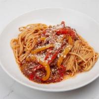 Spaghetti W/ Mushroom & Pepper Ragu · mushroom, red and yellow pepper and tomato ragu, spaghetti, grana padano